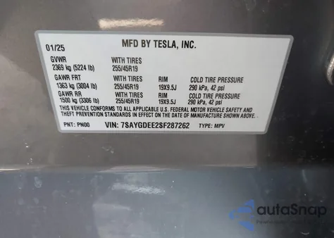 2025 Tesla Model Y z USA, uszkodzony, nr VIN 7SAYGDEE2SF287262